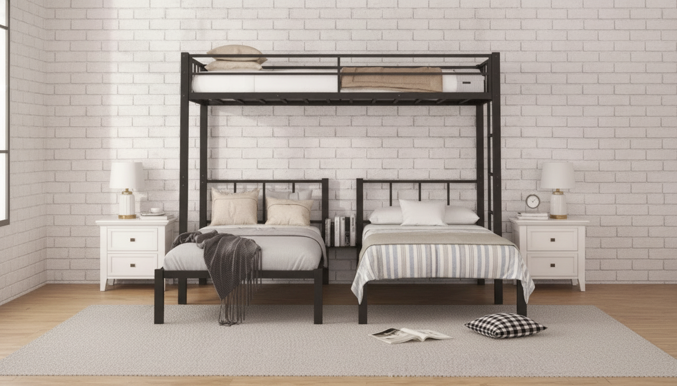 Black Metal Triple Bunk Bed: Twin Over Twin + Twin