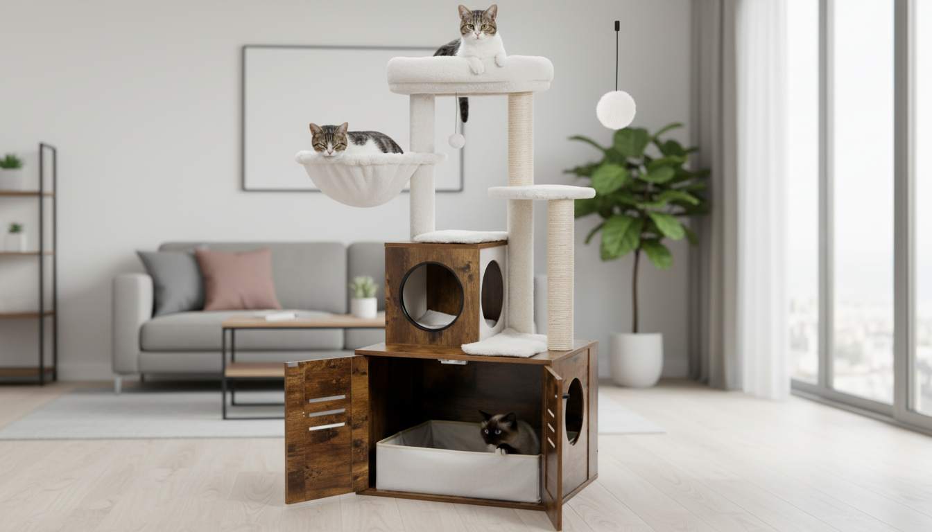 Wood Cat Tower with Litter Box: Hammock & Scratch Posts